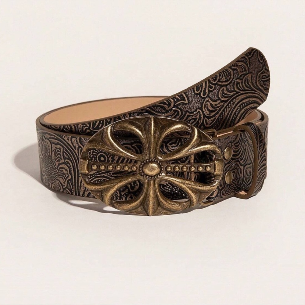Western Vegan Leather Brown Floral Buckle Belt S M L XL